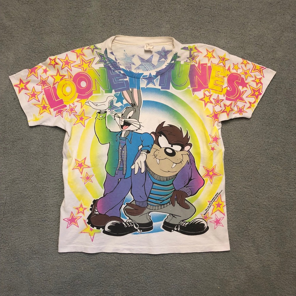 Vintage 1994 Looney Tunes Bugs Bunny Taz AOP T-Shirt Sun Sportswear L Grail 90's